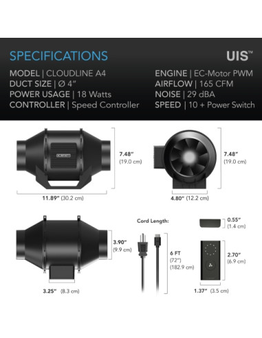 AC INFINITY CLOUDLINE A4 Ø100MM Ventilatore
